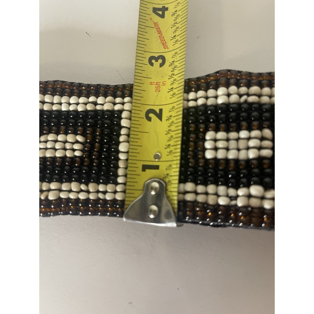 Boho Beaded Stretch Belt Brown White interlocking Wood Buckle Elastic Waist 27" - Picture 6 of 6
